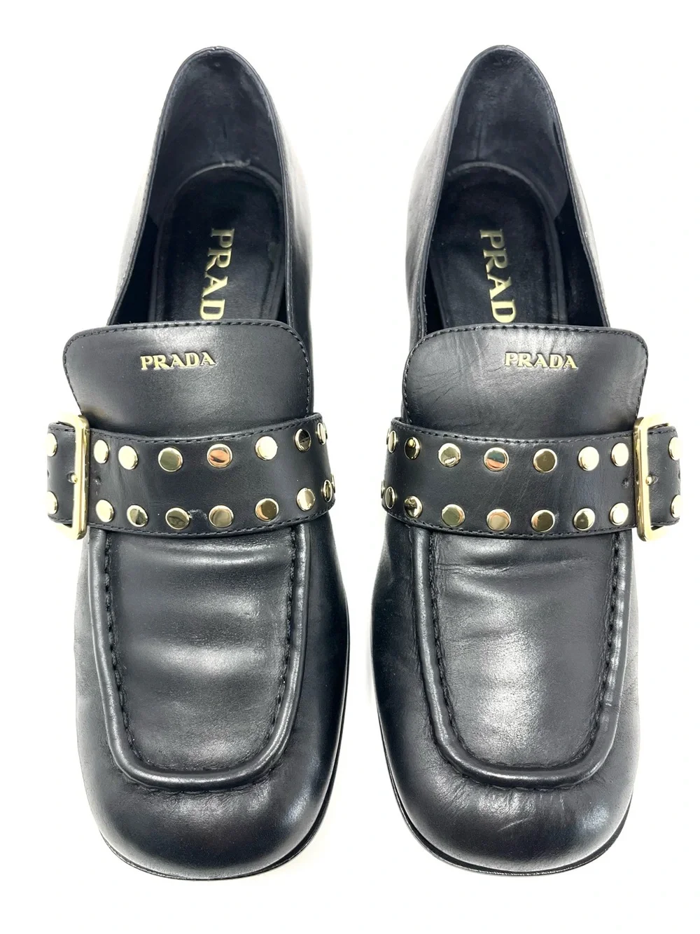 Prada Logo Black Leather Gold Studded Buckle Loafers Heels Shoes Chunky 39.5 9.5